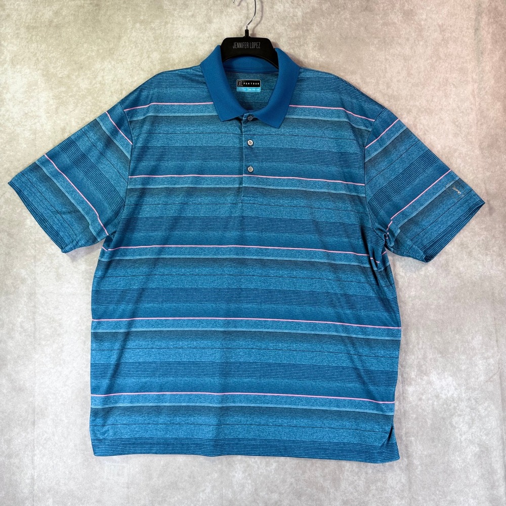 PGA Tour Polo Shirt Men XXL Blue Striped Short Sleeve Athletic Performance